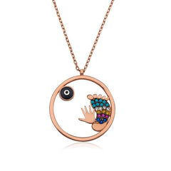 Silver Rose Evil Eye Hand and Footprint Women's Necklace