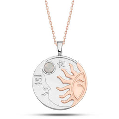 Collier pour femme en argent, opale rose, pierre blanche, lune et soleil