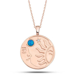 Silver Rose Opal Blue Stone Moon Sun Women's Necklace