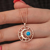 Silver Rose Opal Blue Stone Moon Sun Women's Necklace