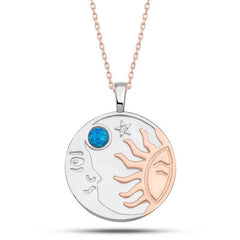 Silver Rose Opal Blue Stone Moon Sun Women's Necklace