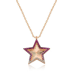 Silver Rose Pink Ruffle Patterned Star Women's Necklace
