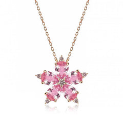 Silver Rose Pink Camellia Flower Necklace