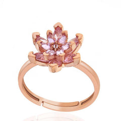 Silver Rose Pink Stone Lotus Flower Women's Ring