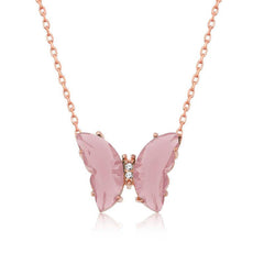 Collier papillon en verre poudre de rose argenté