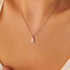 Silver Rose Colored Teddy Bear Women's Necklace