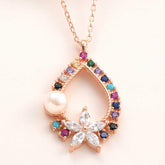 Silver Rose Color Stone Flower Women's Necklace