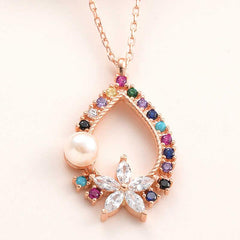 Silver Rose Color Stone Flower Women's Necklace