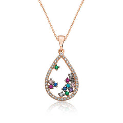 Silver Rose Color Stone Drop Necklace