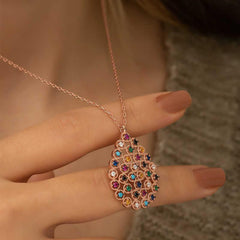 Silver Rose Color Stone Drop Necklace