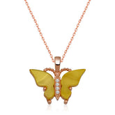 Silver Rose Yellow Tiger's Eye Stone Butterfly Necklace