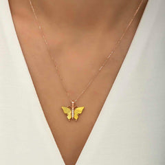 Silver Rose Yellow Tiger's Eye Stone Butterfly Necklace