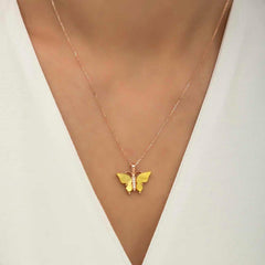 Silver Rose Yellow Tiger's Eye Stone Butterfly Necklace