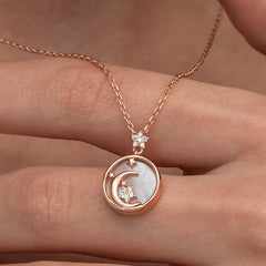 Silver Rose Mother of Pearl Stone Moon Star Crescent Women's Necklace