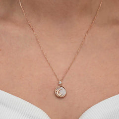 Silver Rose Mother of Pearl Stone Moon Star Crescent Women's Necklace