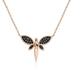 Collier femme libellule noire en argent rose