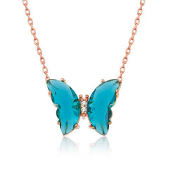 Collier papillon en verre turquoise rose argenté