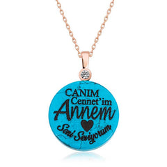 Gümüş Rose Turkuaz Taşlı Annem Yazılı Kadın Kolye