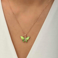 Silver Rose Green Tiger's Eye Stone Butterfly Necklace