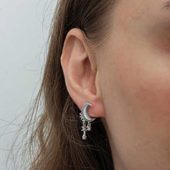 Silver Dangling Crescent Star Women's Earrings
