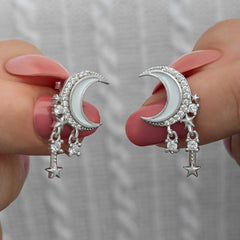 Silver Dangling Crescent Star Women's Earrings