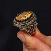Silver Yellow Citrine Stone Patterned Men's Ring
