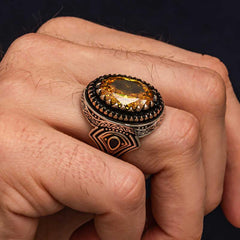 Silver Yellow Citrine Stone Patterned Men's Ring