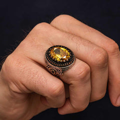 Silver Yellow Citrine Stone Patterned Men's Ring