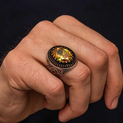 Silver Yellow Citrine Stone Patterned Men's Ring