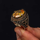Silver Yellow Citrine Stone Men's Ring