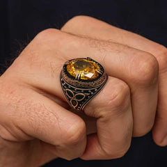 Silver Yellow Citrine Stone Men's Ring