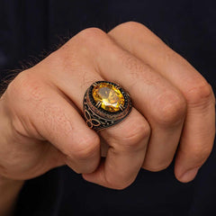 Silver Yellow Citrine Stone Men's Ring