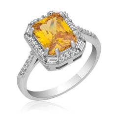 Silver Yellow Stone Baguette Square Women's Ring