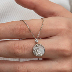 Silver Mother of Pearl Stone Moon Star Crescent Women's Necklace