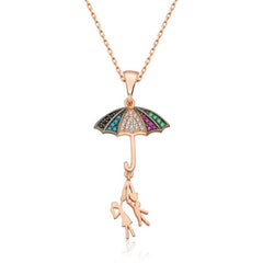 Silver Umbrella Holding Lovers Necklace