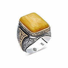 Silver Tightened Amber Square Men's Ring