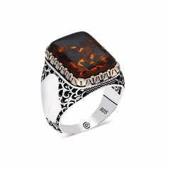 Silver Tightened Amber Stone Square Men's Ring