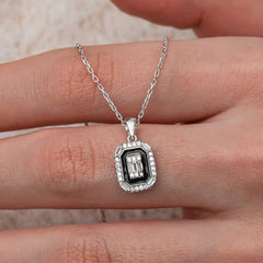 Silver Black Enamel Baguette Women's Necklace