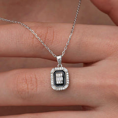 Silver Black Enamel Baguette Women's Necklace