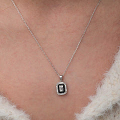 Silver Black Enamel Baguette Women's Necklace