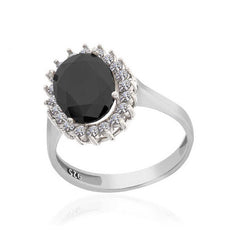 Silver Black Stone Oval Women's Ring