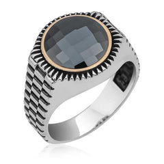 Silver Black Zircon Stone Round Men's Ring