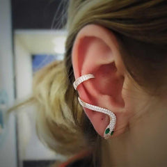 Silver Green Eyed Single Cartilage Snake Earring