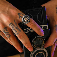 Gümüş Kutup Yıldızı Motifli Erkek Yüzük