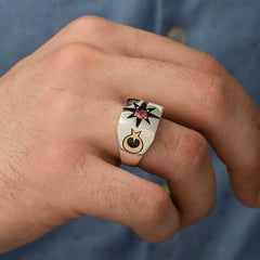 Silver Single Stone Polar Star Motif Men's Ring