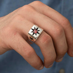 Silver Single Stone Polar Star Motif Men's Ring