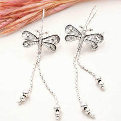 Silver Filigree Dangling Dragonfly Women's Earrings