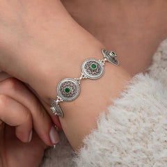 Silver Filigree Emerald Stone Women's Bracelet
