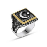 Silver Turkish Flag Crescent Star Men's Ring