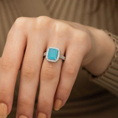 Silver Turquoise Baguette Square Women's Ring